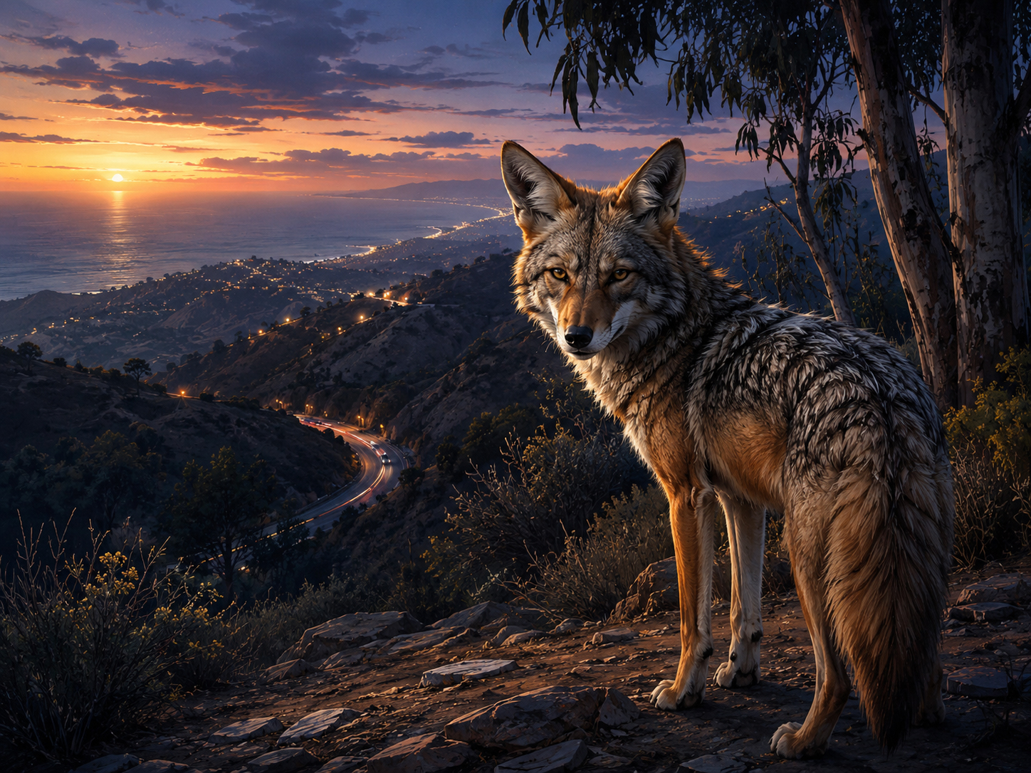 Canyon coyote at dusk in Malibu manga style