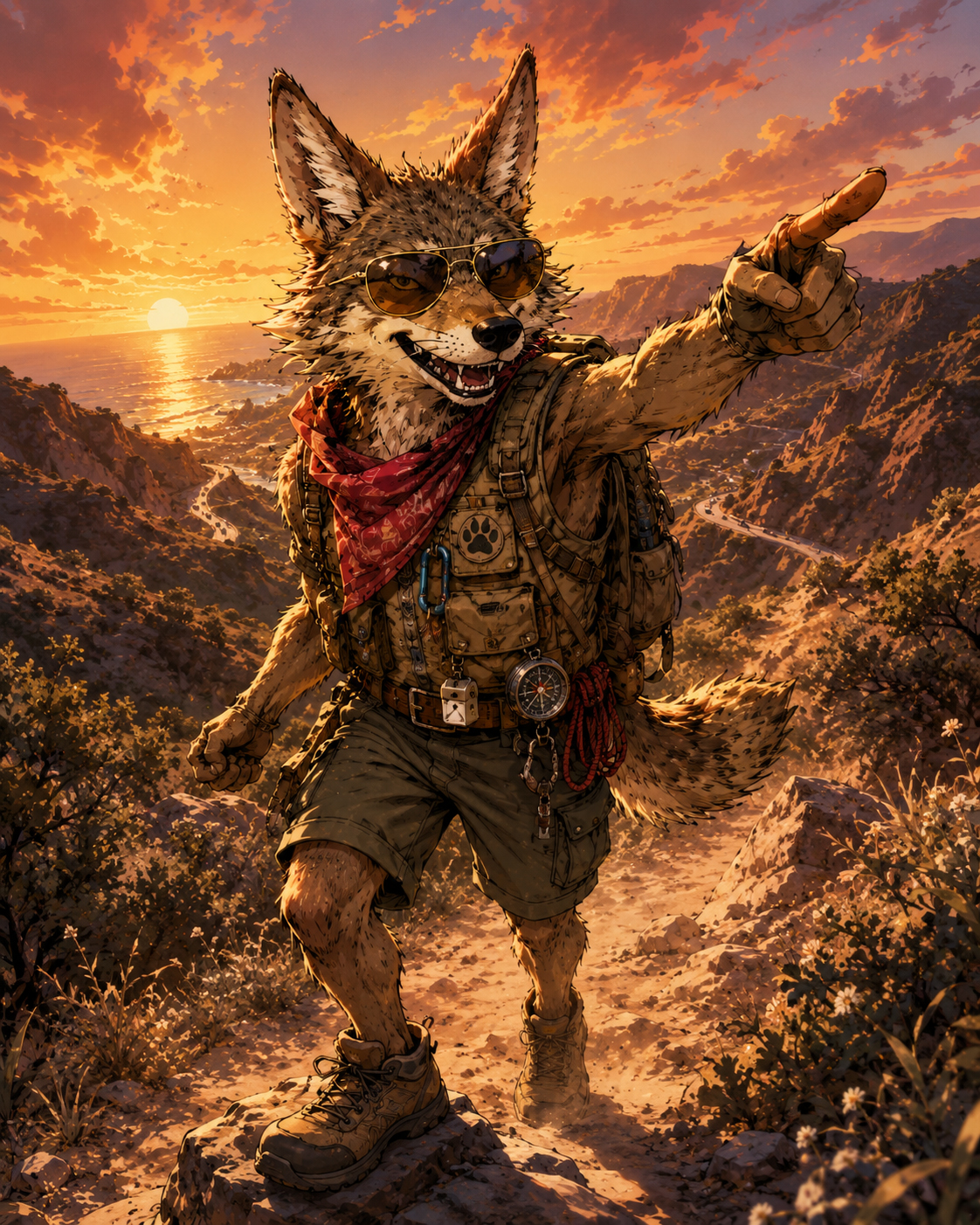 Canyon Coyote character on a Malibu canyon trail at dusk in manga style