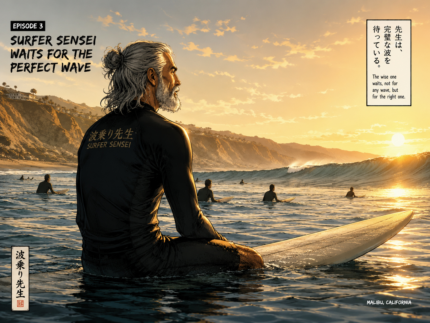 Episode art of Surfer Sensei waiting for the perfect wave in Malibu