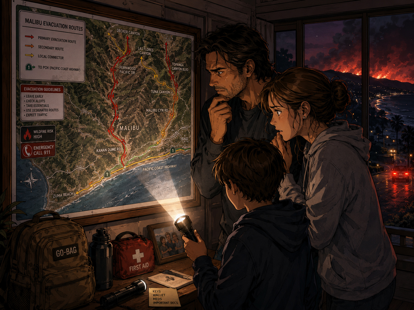 Dramatic Malibu evacuation route map at night in manga style