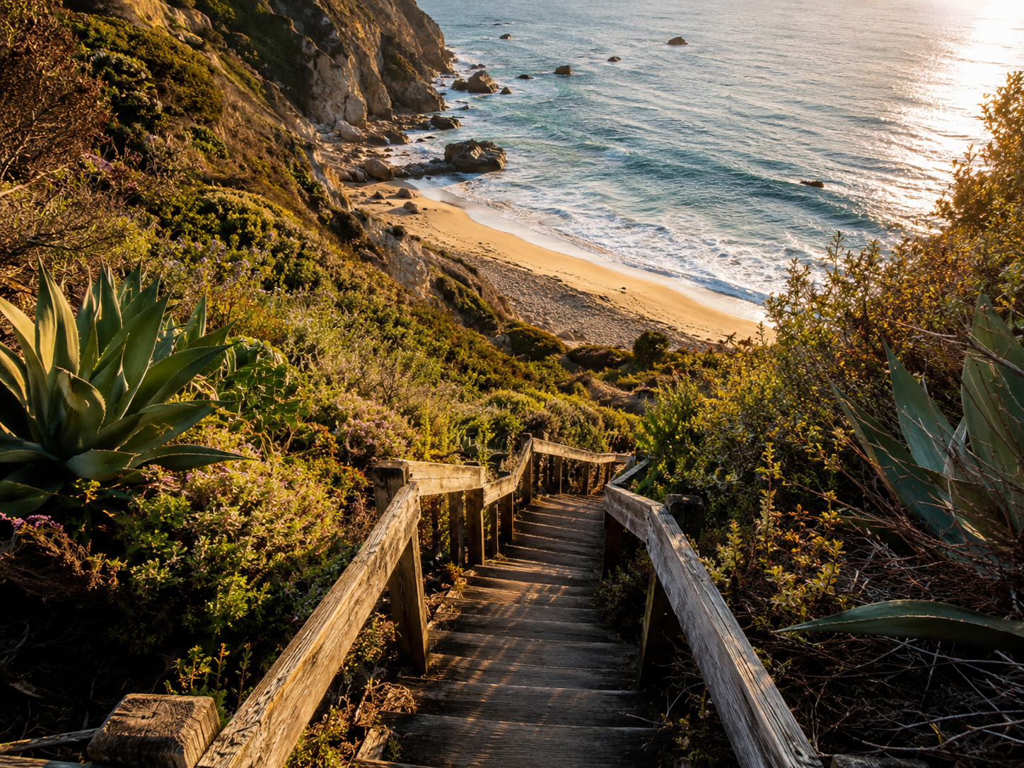 Hidden Malibu beach access stairs in manga style