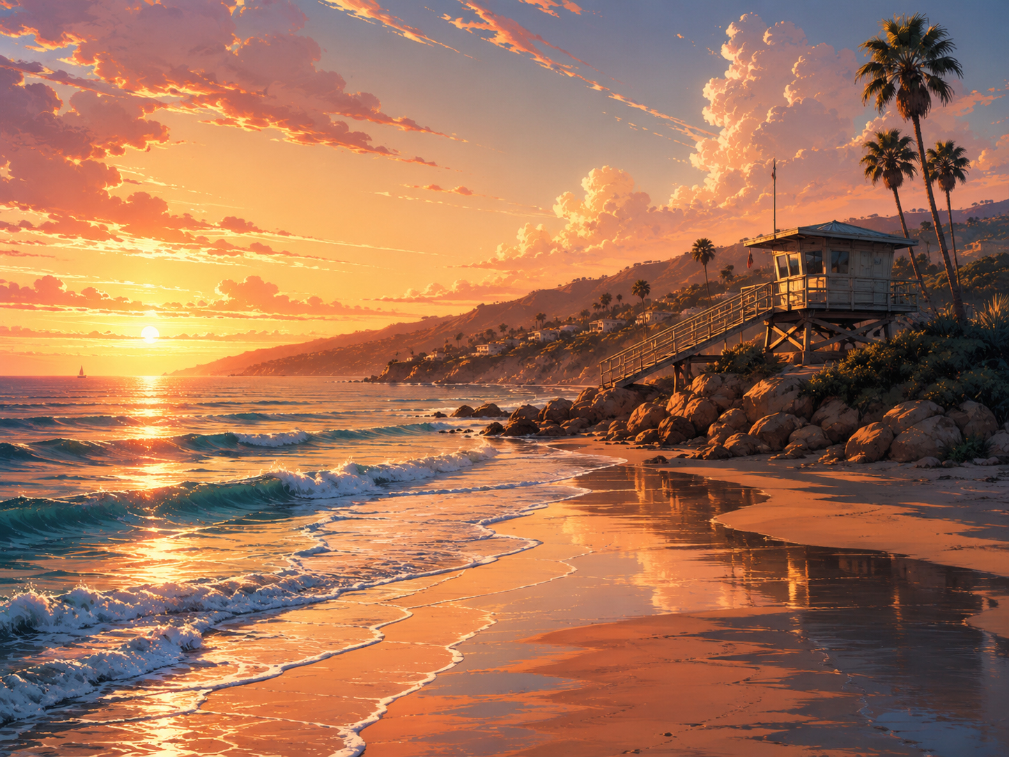 Editorial manga-style Malibu beach sunset with warm sky and ocean