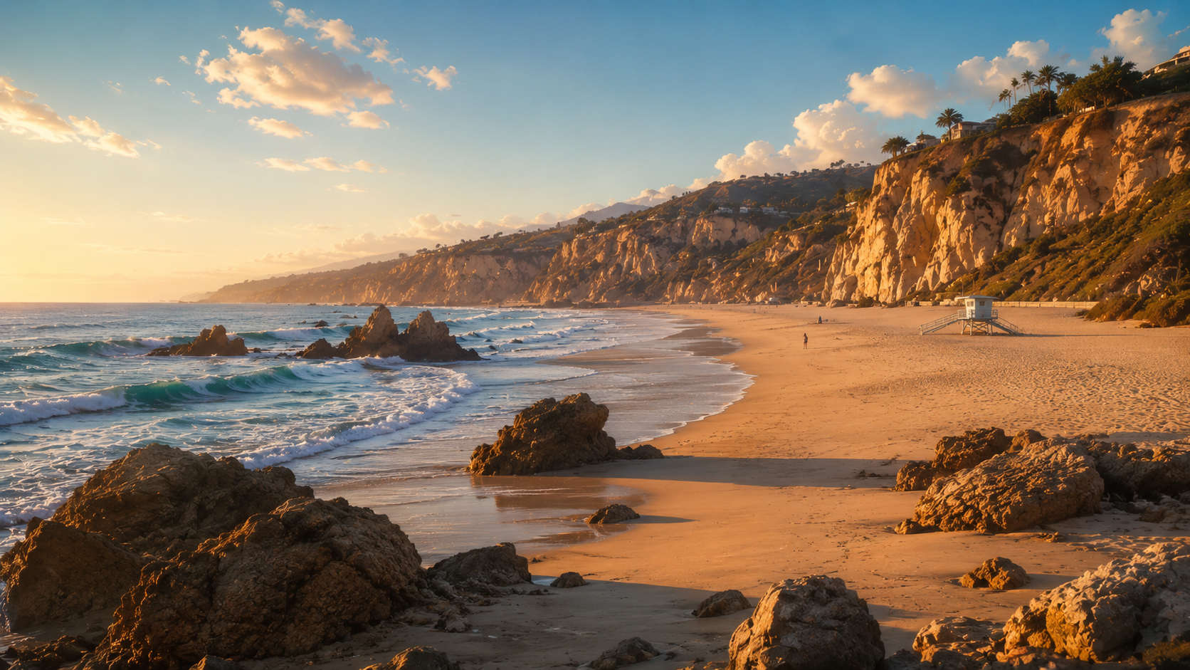 Wide manga-style Malibu beach with pale sand, rocks, ocean, and bright coastal sky