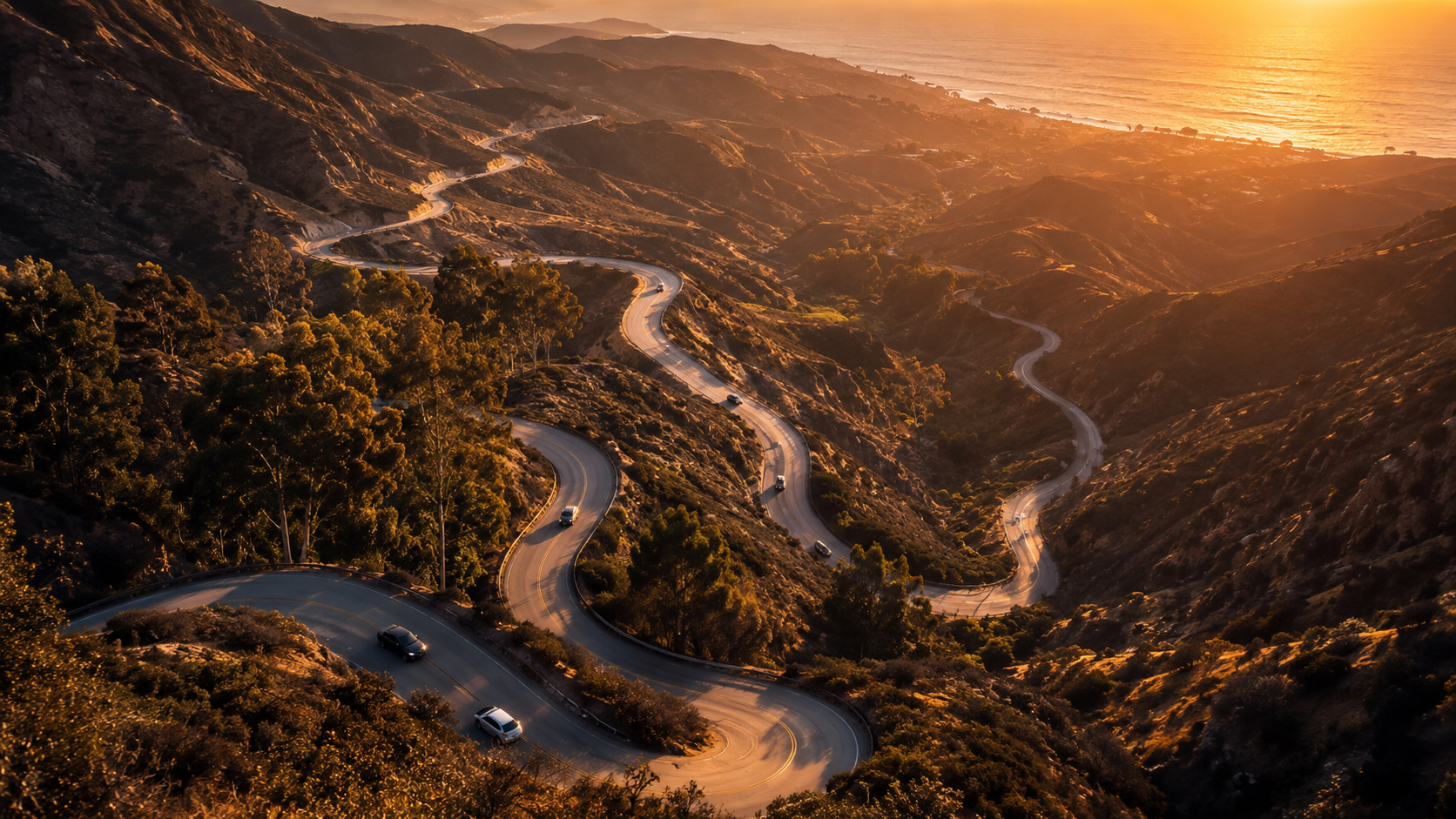 Malibu canyon road switchbacks at golden hour
