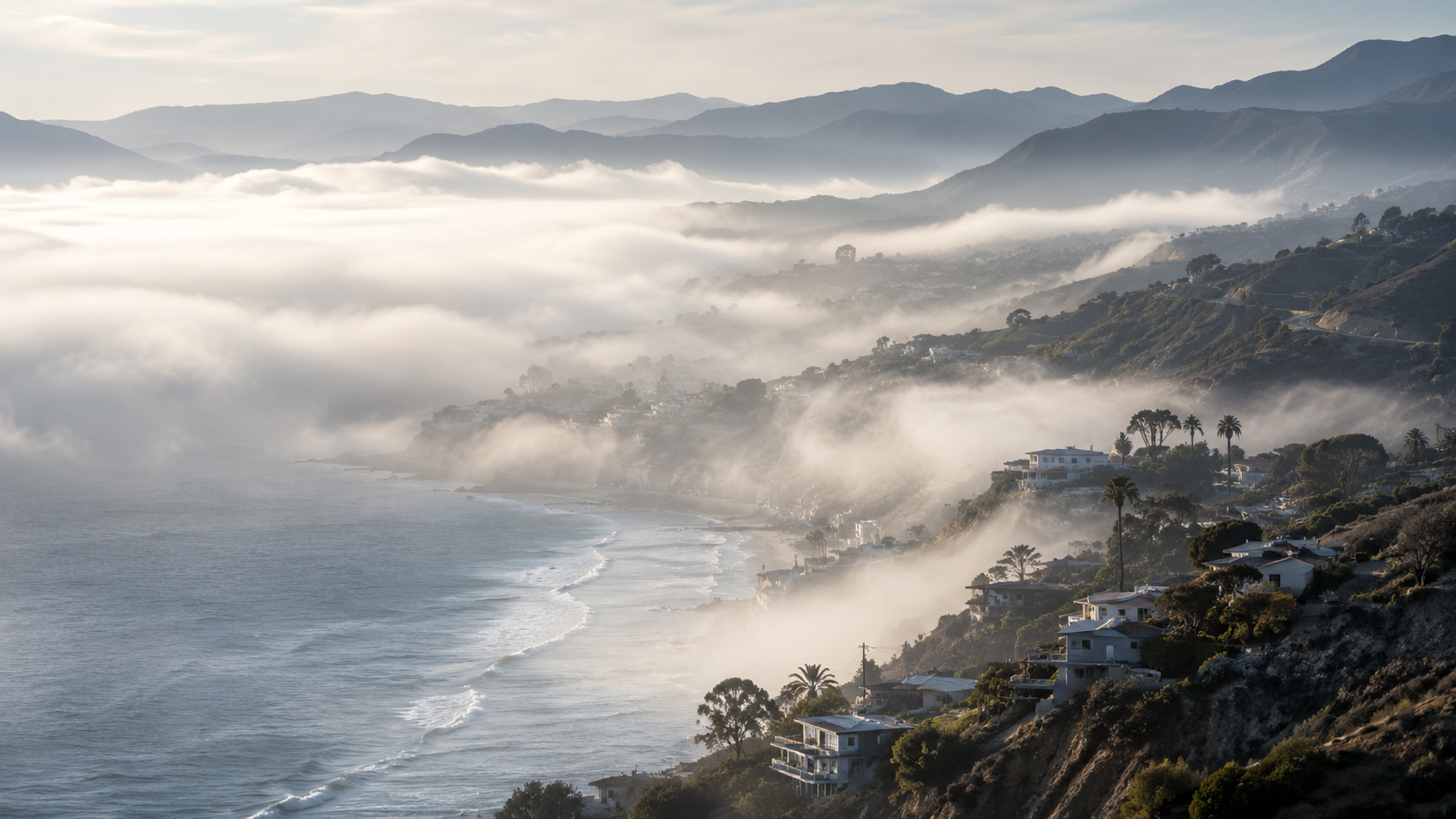 Malibu coast under marine layer fog