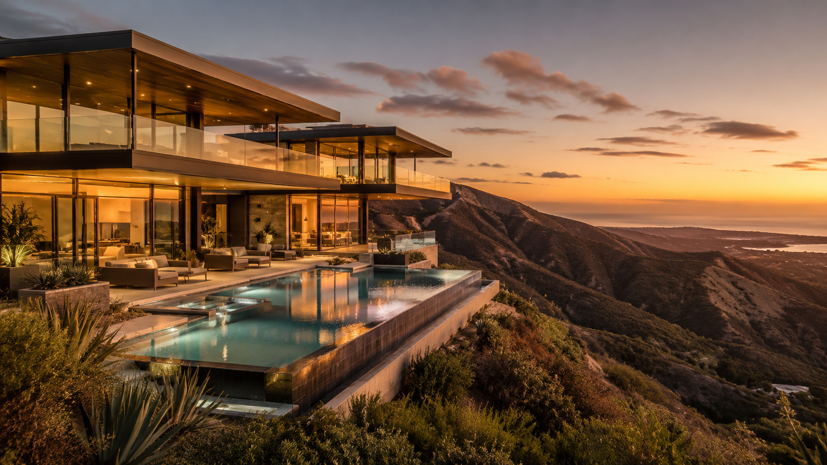 Malibu glass house in the canyon at sunset