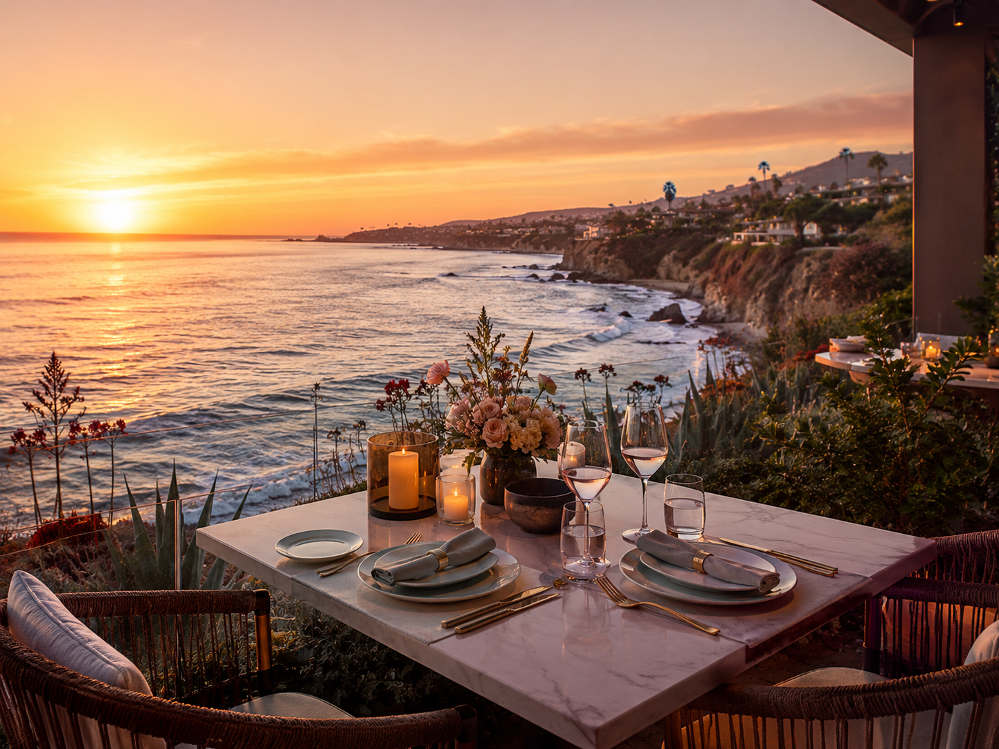 Manga-style Malibu ocean-view restaurant table at golden hour