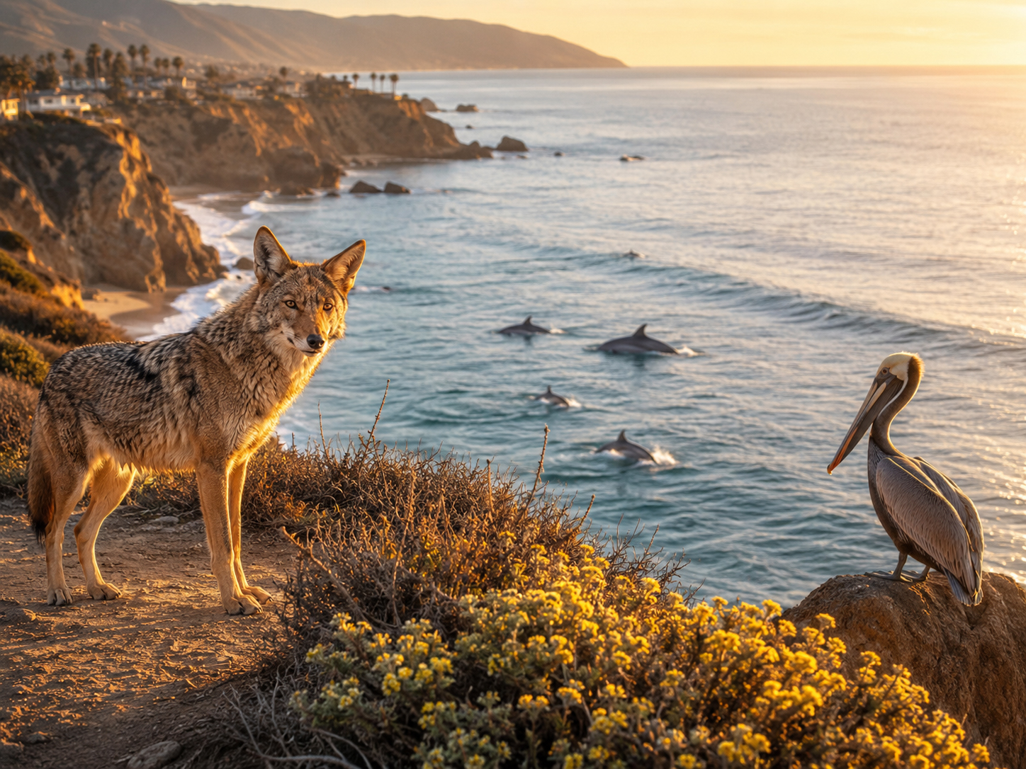 Malibu wildlife with coyote pelican and dolphin in manga style