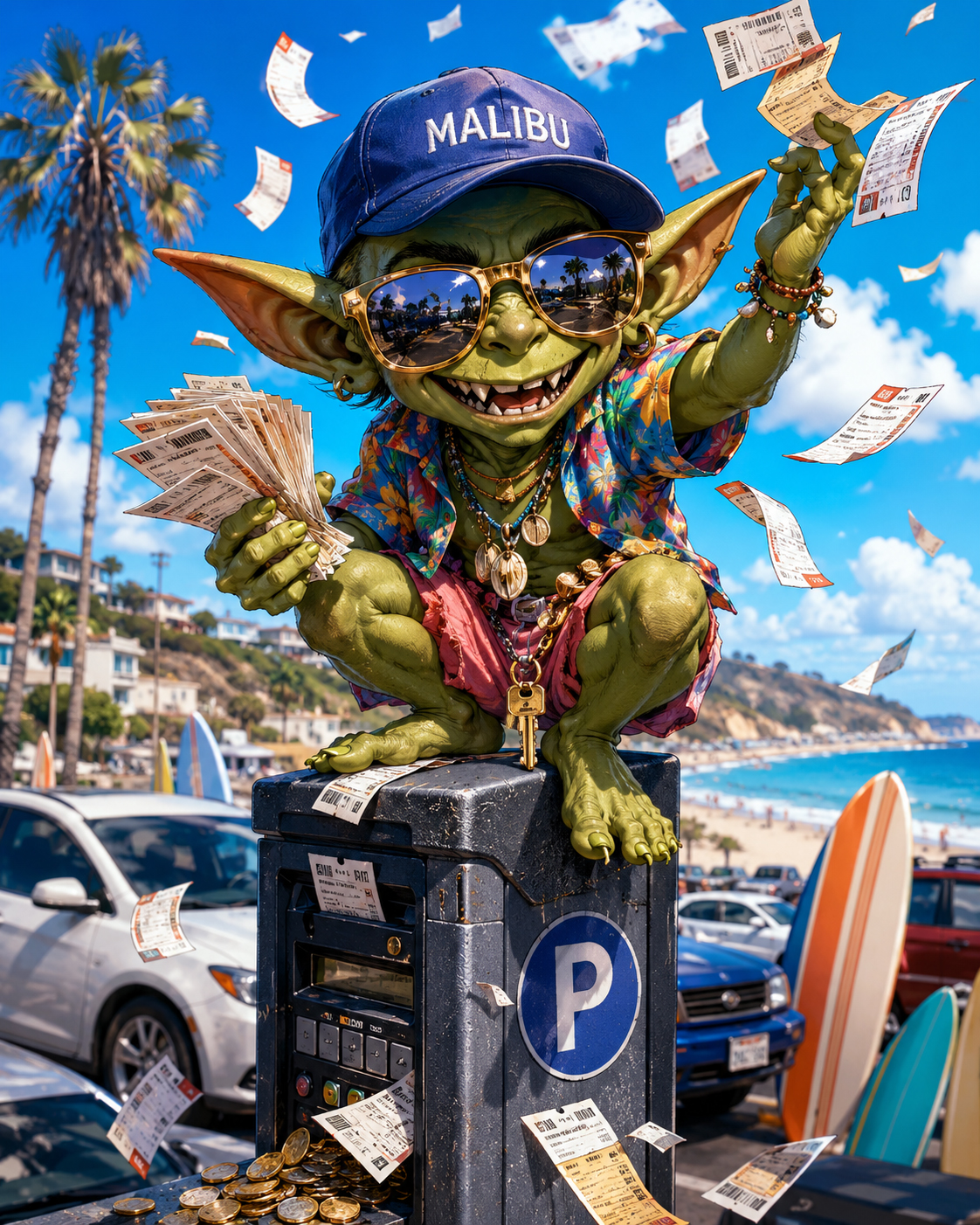Parking Goblin character with parking signs, tickets, and beach chaos