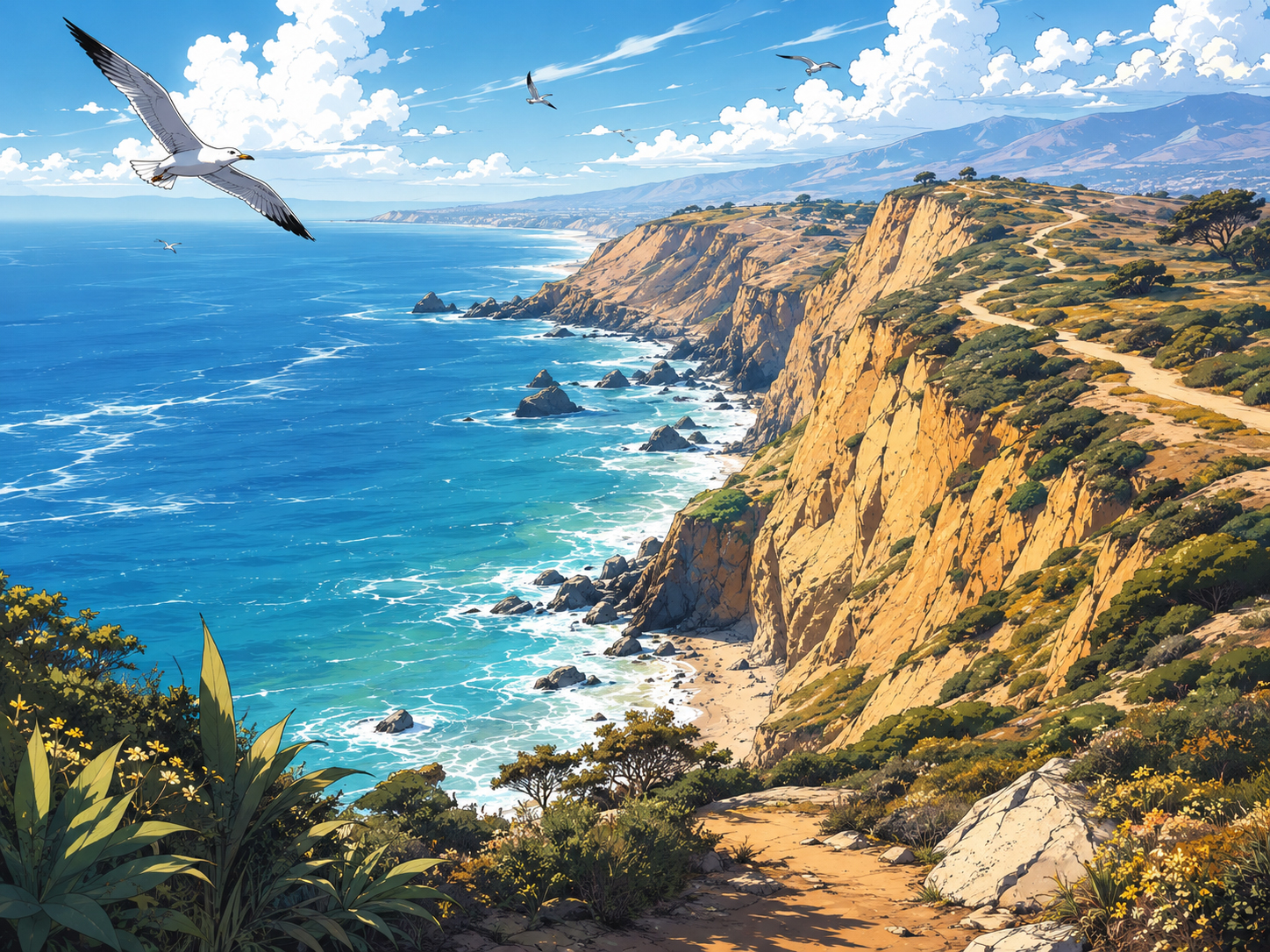 Point Dume cliffs and Pacific view in manga style