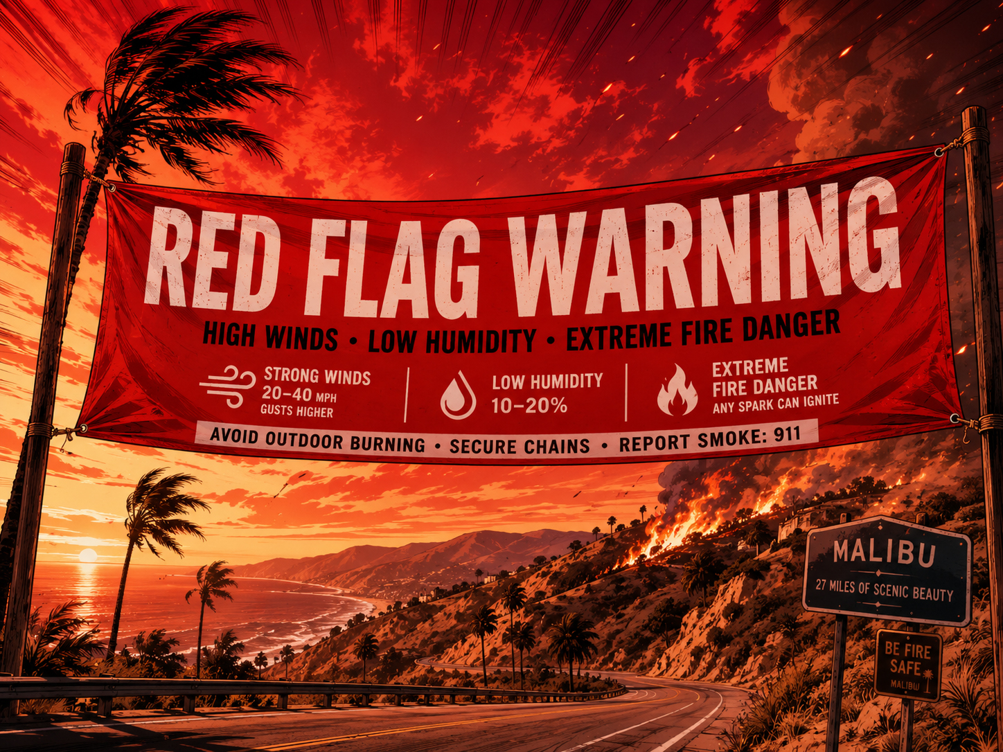 Red flag warning banner over Malibu coast