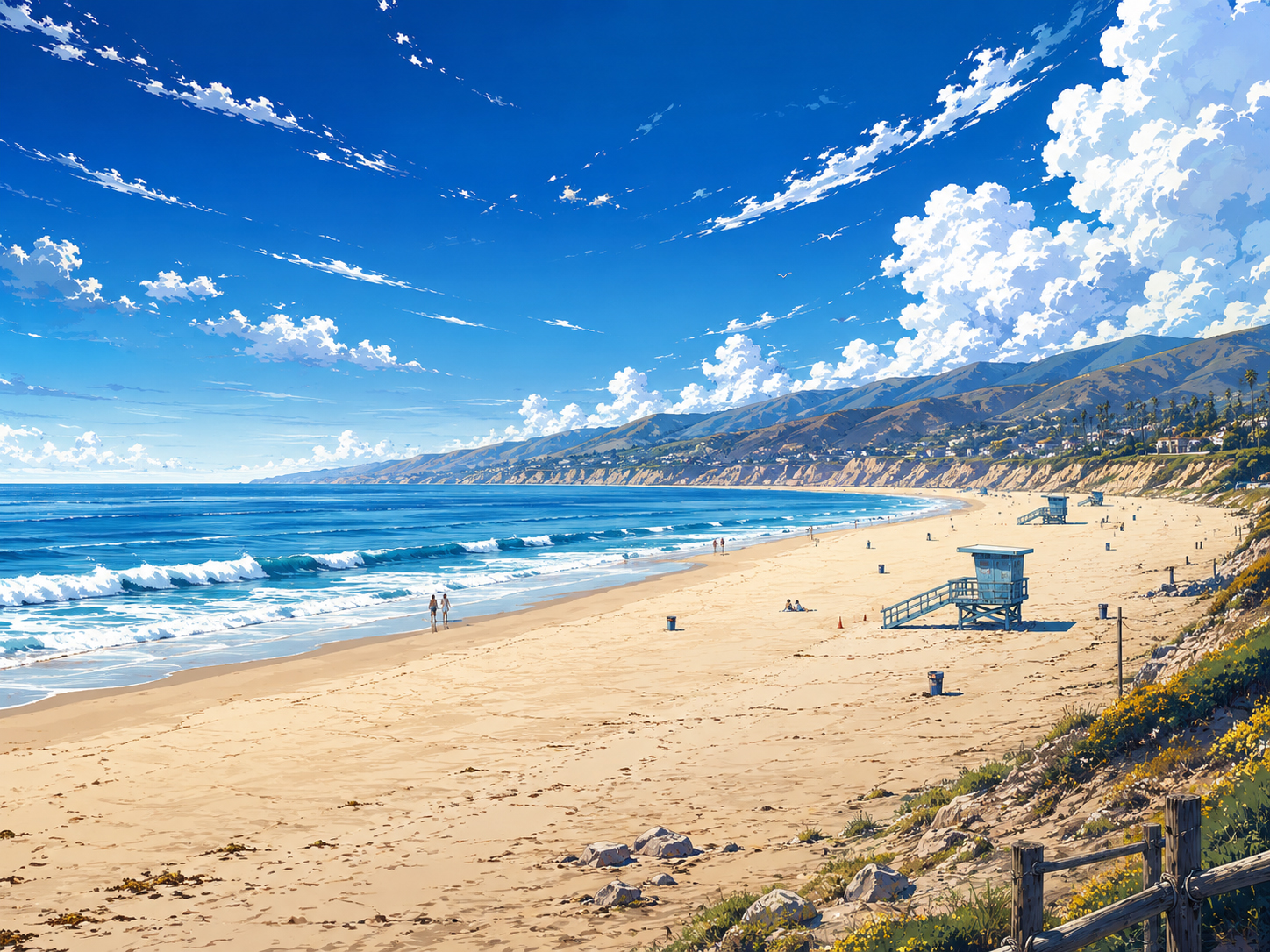 Wide manga-style view of Zuma Beach with lifeguard towers and blue ocean